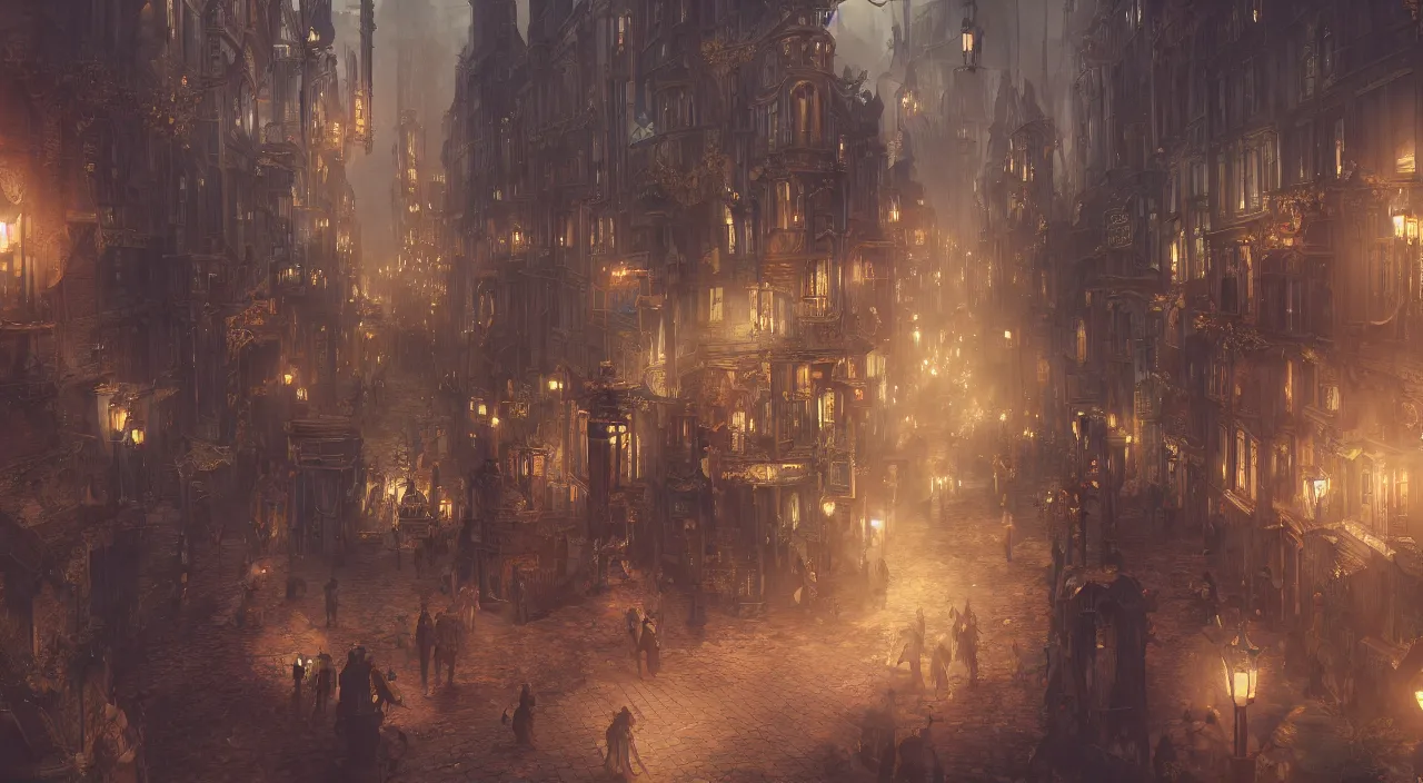 Prompt: a beautiful matte concept art painting of inside pov victorian style steampunk lord of the rings city streets with steampunk robots, concept art, deviantart, flickr, artstation, octane render, textured, colorful, very detailed, volumetric lighting, detailed lighting, octane render, 4 k, cinematic lighting, 8 k resolution