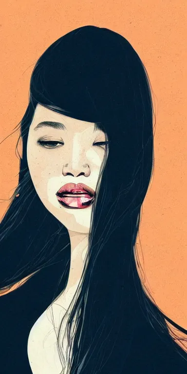 Prompt: candid!! long portrait of a very very beautiful! young filipino woman with narrow face, large eyes and flowing long hair, dramatic swirling thick dreamy smoke is coming from her mouth, face partially obscured, dark background, by conrad roset, abstract, thought provoking, dramatic lighting, trending on artstation