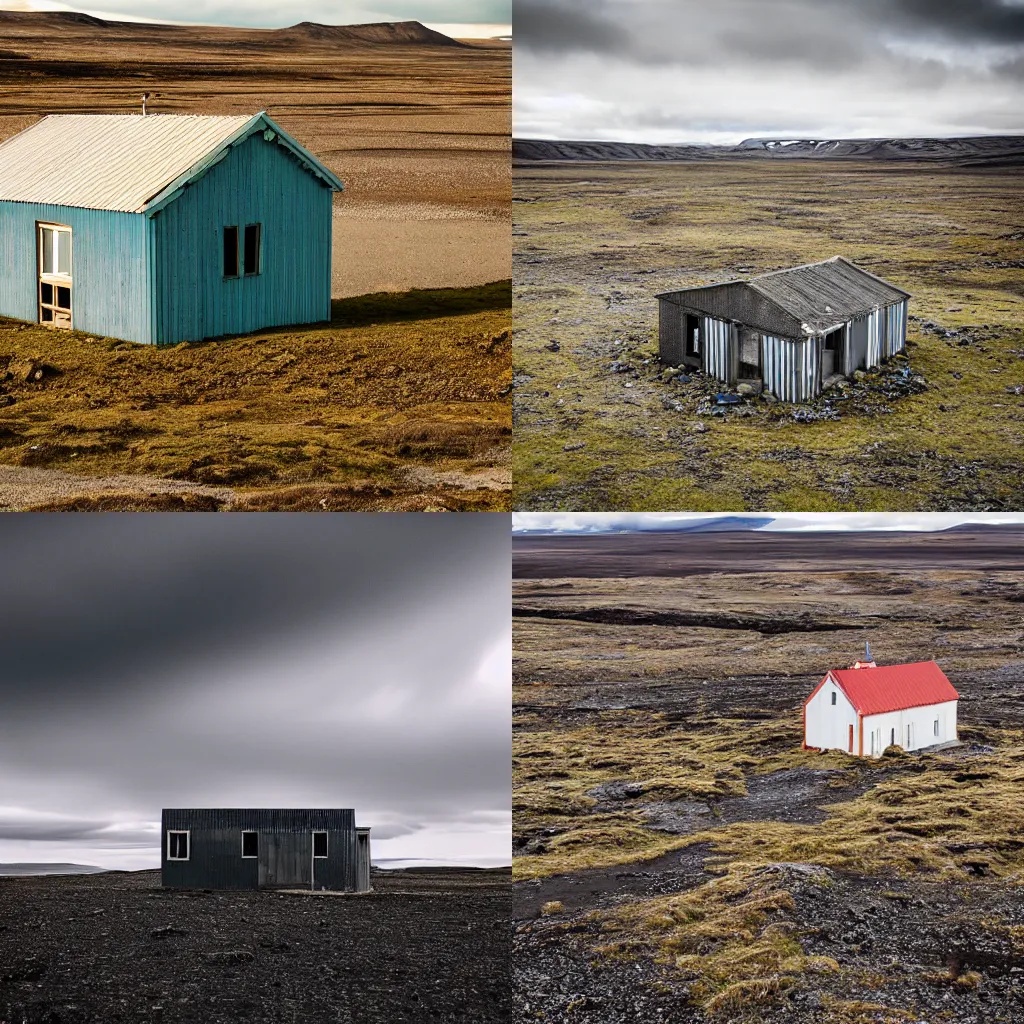 Prompt: an abandoned structure in the center of a vast, Icelandic landscape, no people are in the image, in the style of Wes Anderson, Stanley Kubrick, lighting by Roger Deakins
