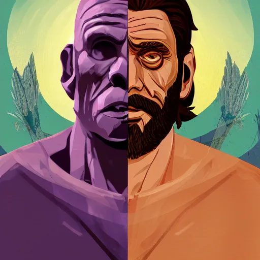 Image similar to saint homo neanderthalis, portrait, with book of science on his right hand, and riffle, violet polsangi pop art, gta chinatown wars art style, bioshock infinite art style, incrinate, realistic anatomy, hyperrealistic, two colors, white frame border, 4 k, uhd, remove duplicate content, left align content