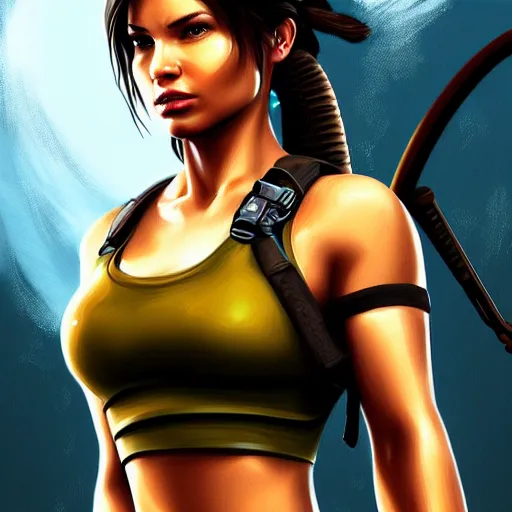 Image similar to lara croft, hyper detailed masterpiece, digital art painting, hyper realism aesthetic