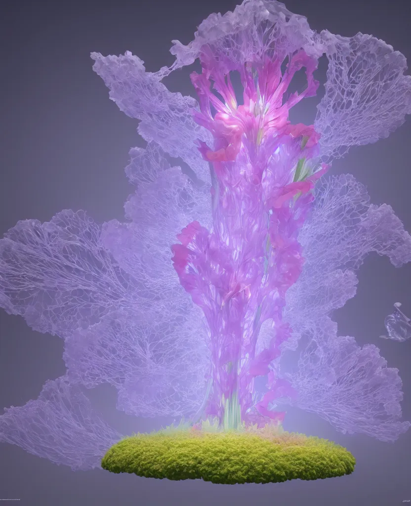 Prompt: a giant flower made out of chakra, giant gladiola and jellyfish chakra in a giant mycelium fungus, translucent, bio luminescent, plasma, energy flow. highly detailed. octane render, excellent composition