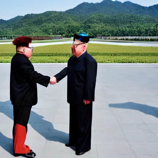 Prompt: a professional photograph of Bon Jovi shaking hands with Kim Jong-un in Pyongyang, 8k, dslr, cinematic,