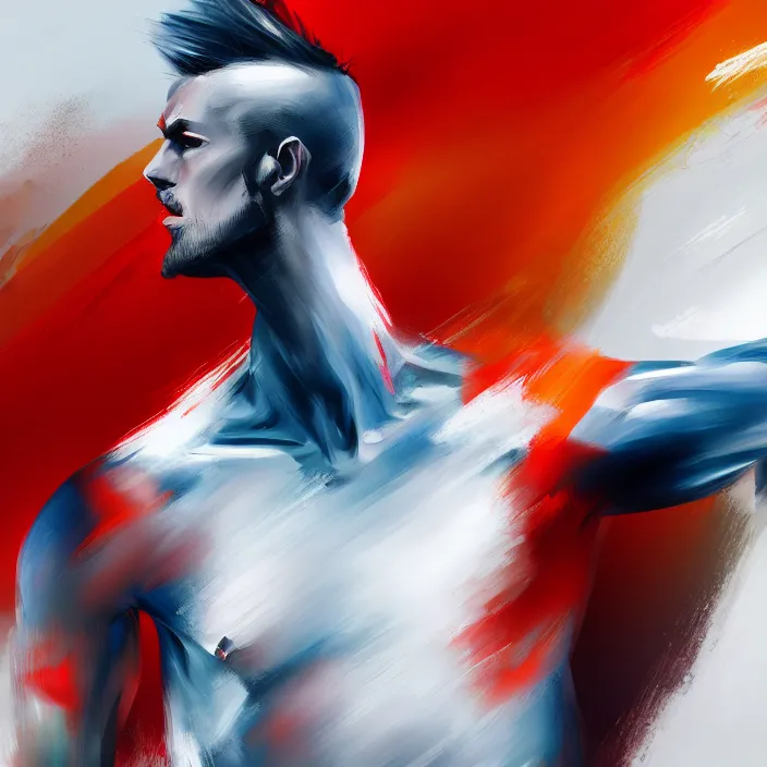 Prompt: closeup of a thin, athletic physique man's body in abstract, thick flowing dramatic brush strokes, strong wind, white background, matte colors, impressionist, extreme motion, trending on artstation