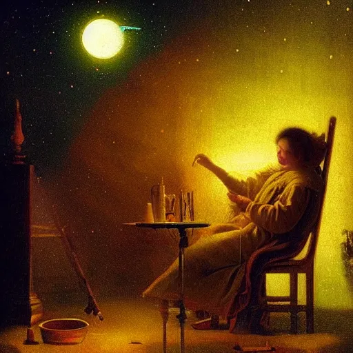 Image similar to Dreaming of outerspace, by Petrus van Schendel, lofi colors