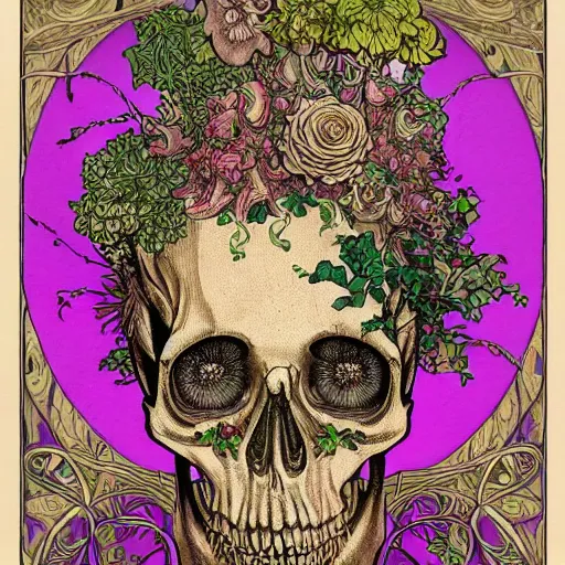 Image similar to detailed rotten woman skull corpse with fractal plants and fractal flowers and mushrooms growing around, symmetrical, ornate, ornamentation, illustration, in the style of art nouveau, mucha