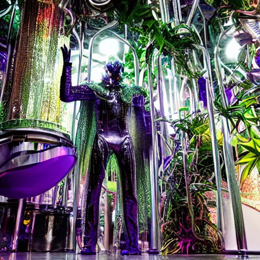 Image similar to conde nast traveler photo, inside a futuristic detailed alien jungle made out of shiny reflective chrome, futuristic android with limbs made out of stretchy rubber tubing mixed with shiny colorful giant intricate detailed chrome gauntlets and chest piece and luchador mask, wearing a long purple velvet cape, fog and mist