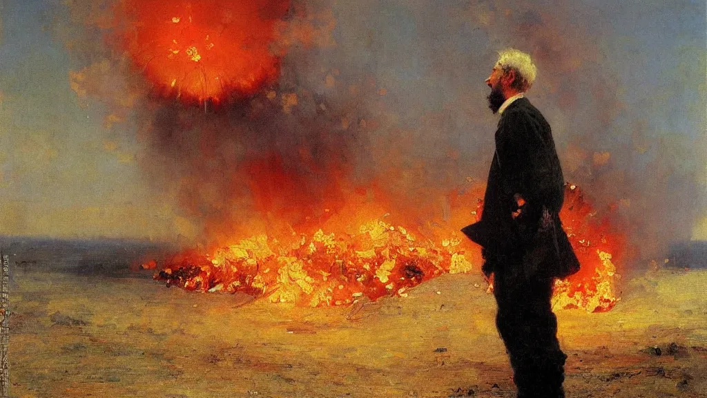 Image similar to high quality high detail painting by ilya repin, man standing in front of huge explosion, hd