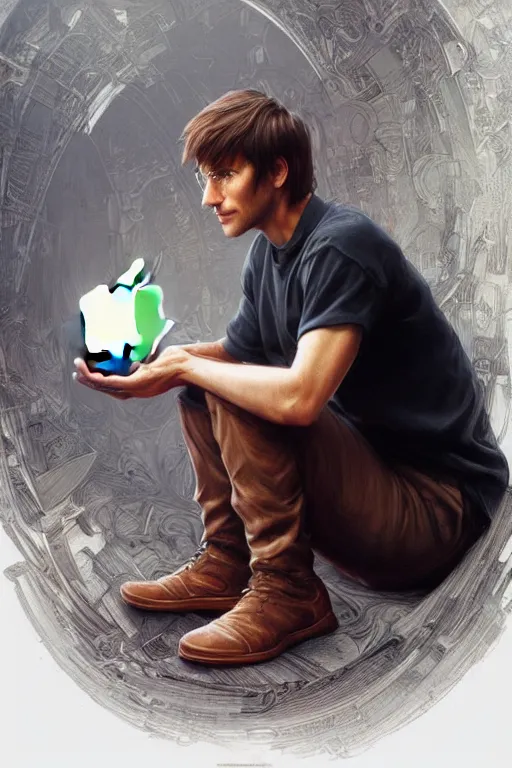 Image similar to ultra realistic illustration, steve jobs sitting on a giant apple, sci - fi, fantasy, intricate, elegant, highly detailed, digital painting, artstation, concept art, smooth, sharp focus, illustration, art by artgerm and greg rutkowski and alphonse mucha