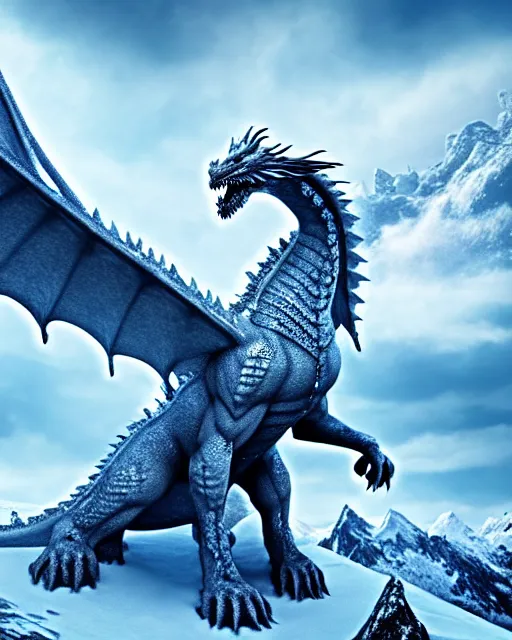 Prompt: giant ice dragon standing on a snowcapped mountain, highly detailed, 4 k, hdr, award - winning, directed by zack snyder