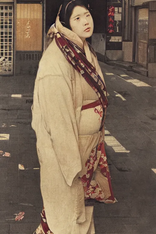 Image similar to Full-length portrait of a pregnant man on the streets of Tokyo, historically reliable photo chronicle, winter, 1975, ultra detailed digital art, octane render, 4K, by John William Waterhouse and Edwin Longsden Long and Theodore Ralli and Nasreddine Dinet