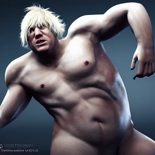 Prompt: Boris Johnson with Sexy body, realistic artstyle, wide shot, dramatic lighting, octane render, hyperrealistic, high quality, highly detailed, HD, beautiful, cinematic, 8k, unreal engine, facial accuracy, symmetrical