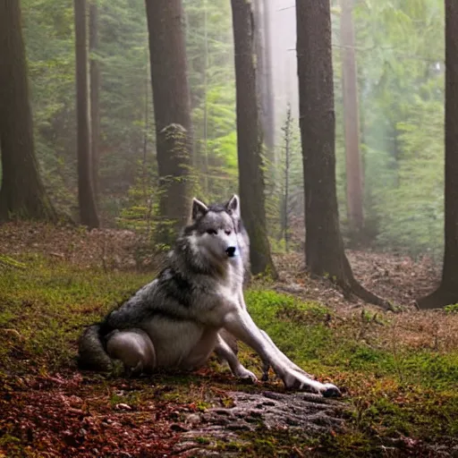 Image similar to realistic wolf fursuit, meditating in the forest, in the morning, fog, ambient light, photo