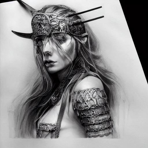 Prompt: hyper realistic pencil drawing of a goth viking princess, water color, full portrait, detailed, rim light, diffused, intricate, axe, battle, cyberpunk by anna dittmann