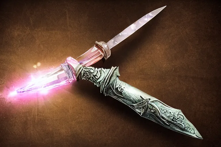 Image similar to A dagger made of crystal shimmers with an unnatural light, it had been enchanted by a skilled sorcerer, D&D fantasy setting, 4k