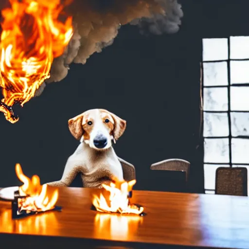 Image similar to a photograph of an humanlike relaxed dog in his house, sitting at a table, ☕ on the table, room is on fire, surrounded by flames, a lot of flames, smoke under the ceiling