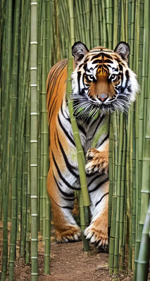 Prompt: a photo of a bengal tiger walking through bamboo towards the camera, looking at the camera, 200mm, canon, f5.6