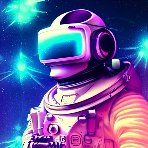 Image similar to cyberpunk astronaut bot, cinema 4 d, galaxy space sci - fi, wearing vr goggles, illustration, portrait, pastel neon textured background night, detailed,