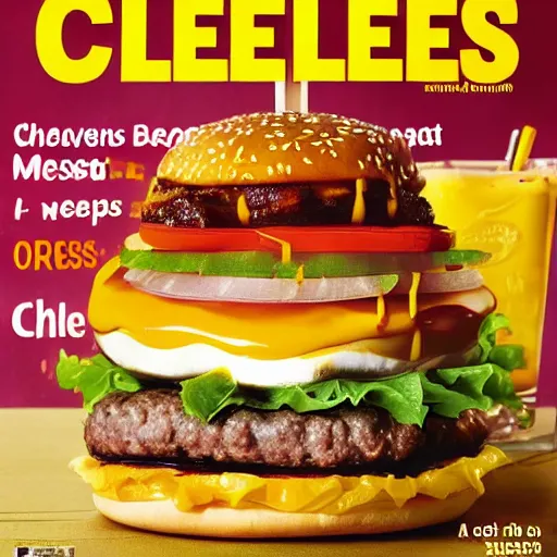 Image similar to a 1 0 layer cheeseburger with 1 0 pieces of meat, 1 0 pieces of cheese and tons of melted sauces and onions, food magazine cover