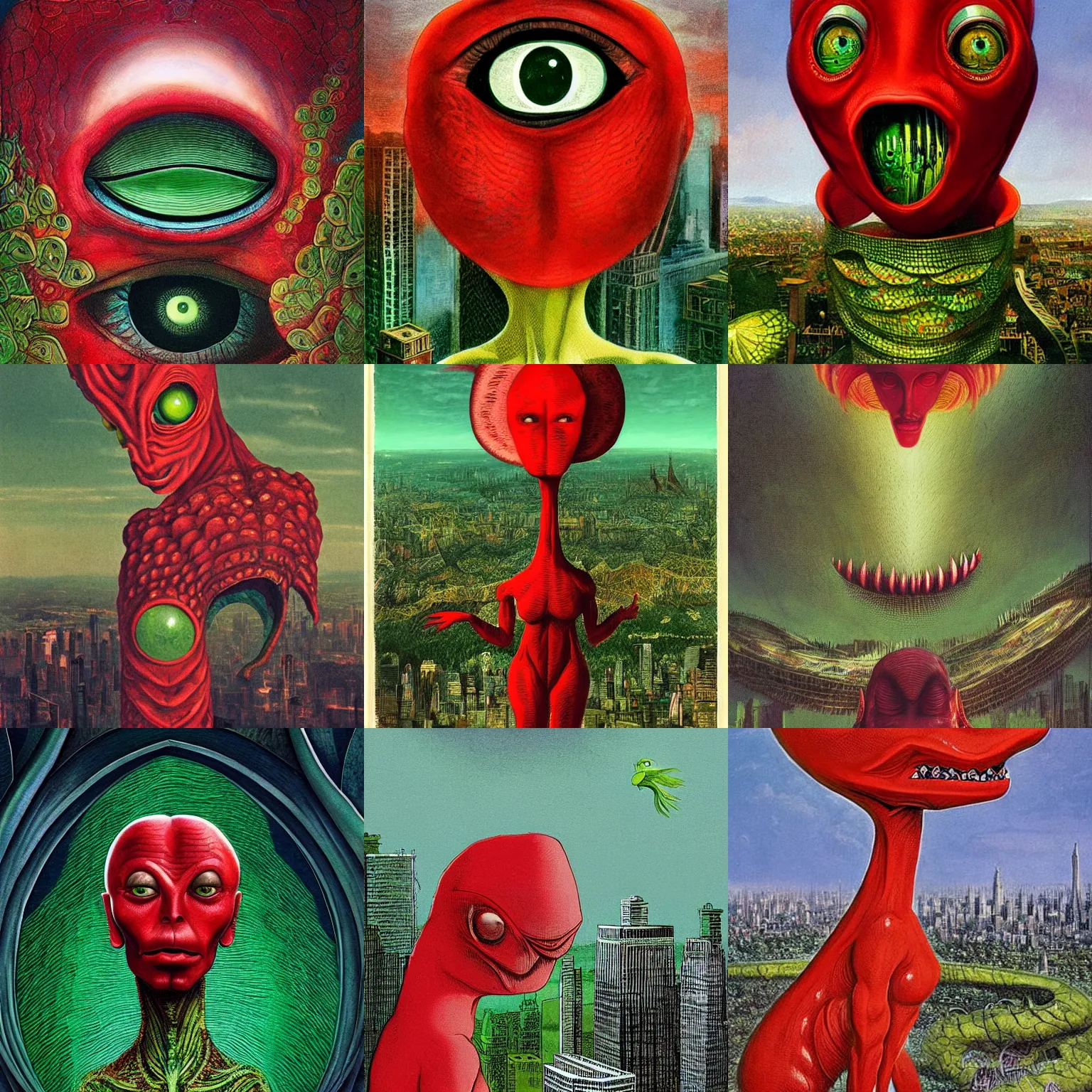 Image similar to A beautiful illustration of a strange, red alien creature looming over a green cityscape. The alien has several eyes and one mouth and its body is covered in scales. It seems to be coming towards the viewer, who is looking up at it in fear. By Max Ernst and Maciej Rebisz