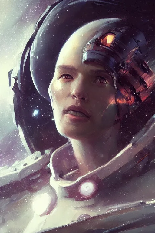 Image similar to A full portrait of a scifi heavy deep space freighter pilot, by Raymond Swanland Greg Rutkowski Lise Deharm, {perfect face}, {perfect eyes}, elegant regal posture