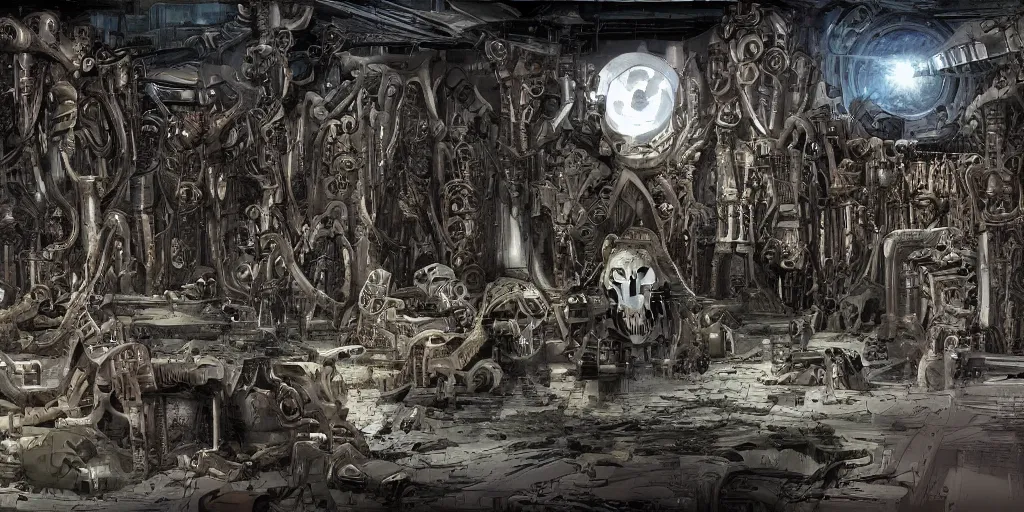 Image similar to comic alchemy, cybernetics, sci - fi, book page, post apocalyptic, wall of skulls, vision of ezekiel, enhanced quality, unreal engine