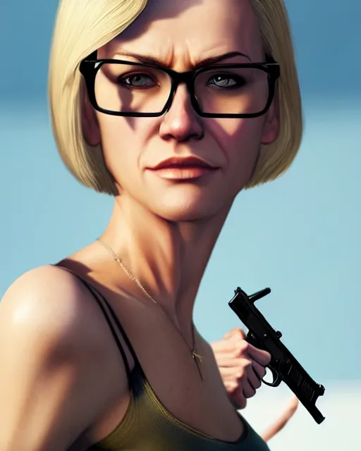 Prompt: a thin blonde lady with glasses holding a gun, gta 5 cover art, real life skin, intricate, highly detailed, artstation, concept art, smooth, sharp focus, art by artgerm and greg rutkowski