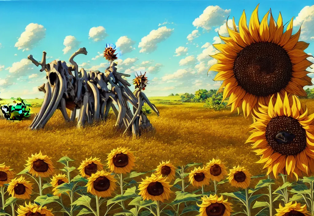 Image similar to giant animal bones in the countryside with sunflowers in the background, dramatic lighting, intricate oil painting, high detail illustration, sharp high detail, manga and anime 1 9 9 9, official fanart behance hd artstation by jesper ejsing and makoto shinkai, 4 k,