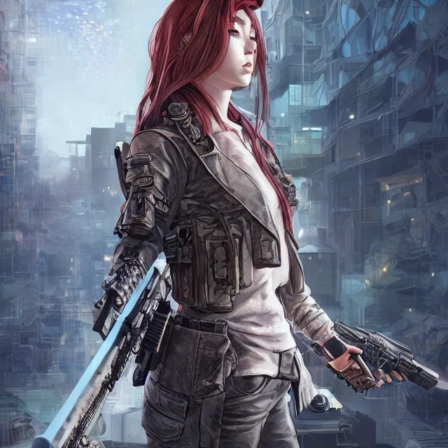 Image similar to the portrait of lawful neutral female cyberpunk infantry sniper as absurdly beautiful, gorgeous, elegant, young woman looking up, an ultrafine hyperdetailed illustration by kim jung gi, irakli nadar, intricate linework, bright colors, octopath traveler, final fantasy, unreal engine 5 highly rendered, global illumination, radiant light, detailed and intricate environment