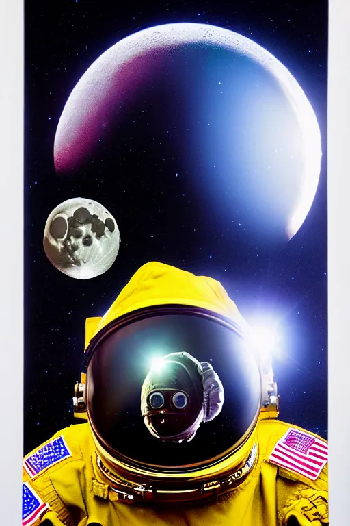 Prompt: extremely detailed portrait of space astronaut, wearing gloves, holds iphone, iphone visible, iphone in hand, reflection of the moon in visor, alien looking over shoulder from behind, extreme close shot, dramatic backlight, award winning photo by david lachapelle