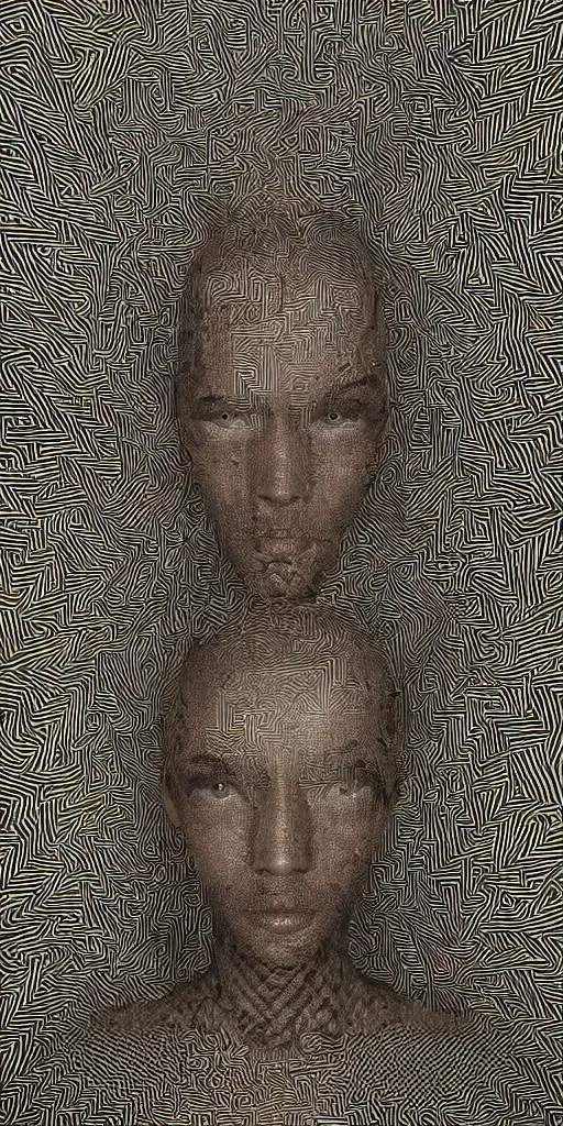 Prompt: : human with maze pattern skin all over hyper detailed art station  dalle2 3d render unity gigapixel  unrealengine trending on artstation,cinematic, hyper realism, high detail, octane render, 8k