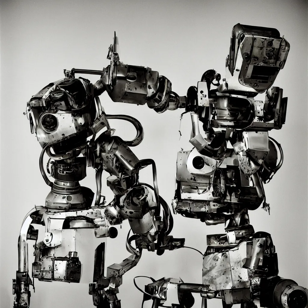 Image similar to studio portrait photo of a 50's robot, 50mm, kodak, backlit, steve mccurry, film