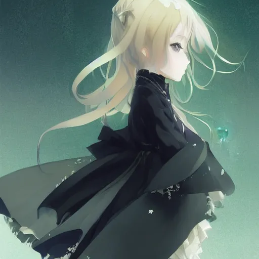 Image similar to victorique de blois anime girl gosick green eyes black dress blonde hair by greg rutkowski makoto shinkai aramaki shinji artgerm, cushart krenz key art feminine