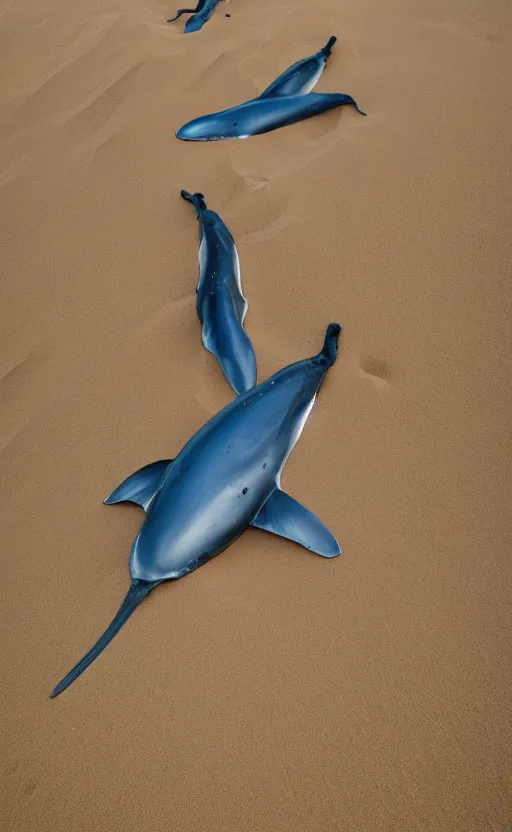 Prompt: blue whales in sand dunes, photography