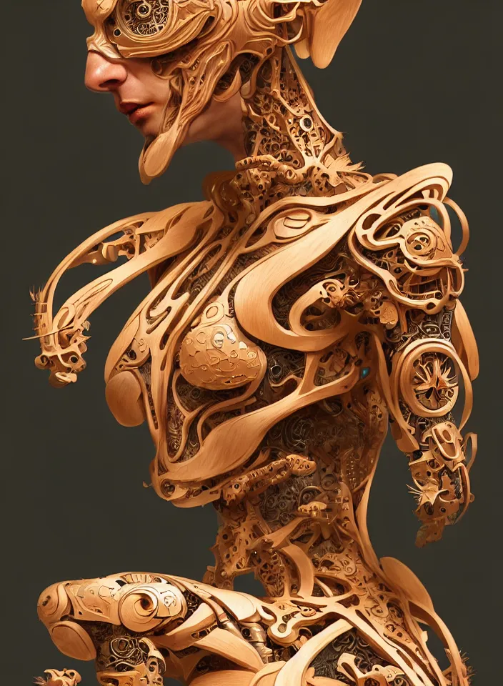 Image similar to organic cyborg, Chinese wood carving, diffuse lighting, fantasy, intricate, elegant, highly detailed, lifelike, photorealistic, digital painting, artstation, illustration, concept art, smooth, sharp focus, art by John Collier and Albert Aublet and Krenz Cushart and Artem Demura and James Jane