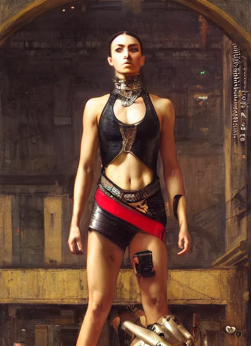 Image similar to Sophia. cyberpunk gymnast wearing a military vest and combat gear. (Cyberpunk 2077, bladerunner 2049). Iranian orientalist portrait by john william waterhouse and Edwin Longsden Long and Theodore Ralli and Nasreddine Dinet, oil on canvas. Cinematic, hyper realism, realistic proportions, dramatic lighting, high detail 4k