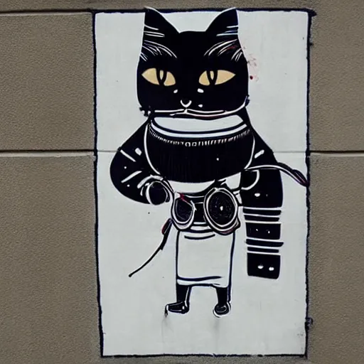 Prompt: samurai cat playing futuristic synth, street art