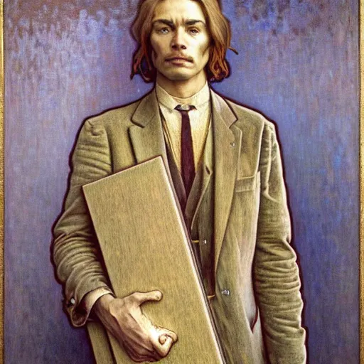 Image similar to realistic extremely detailed portrait painting of. an average. man with his. briefcase .in his. left hand . by Jean Delville, Amano, Yves Tanguy, Alphonse Mucha, Ernst Haeckel, Edward Robert Hughes, Roger Dean, pale muted pastel moody colors, gold eyes