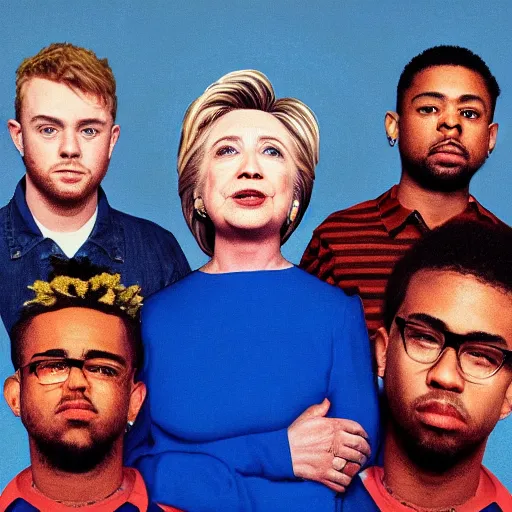 Image similar to brockhampton album cover featuring hillary clinton, high quality, detailed