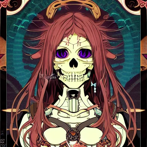 Prompt: anime manga skull portrait girl female robot cyborg mecha skeleton illustration detailed style by Alphonse Mucha pop art nouveau