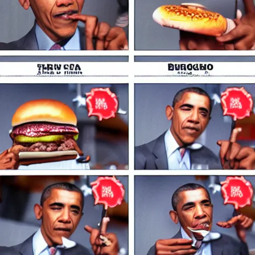 Prompt: barack obama smoking burger. film strip. 9 frames.