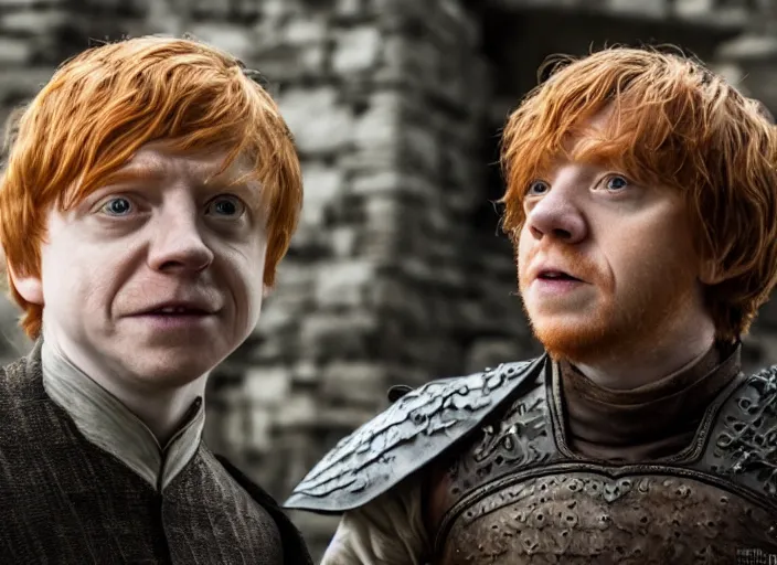 Image similar to ron weasley as thehnellor in game of thrones, rupert grint as thehnellor in game of thrones, live action film, cinematic photo, clear hd image