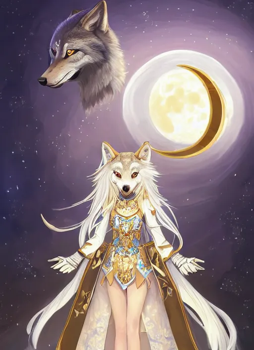 Image similar to commissioned full body portrait of a female anthro wolf princess fursona with white hair wearing a white and gold Chinese armored dress in a white and gold palace on a starry night with a large crescent moon, by a professional manga illustrator, Stanley Artgerm Lau, WLOP, Rossdraws, James Jean, Andrei Riabovitchev, Marc Simonetti, and Sakimichan, trending on artstation