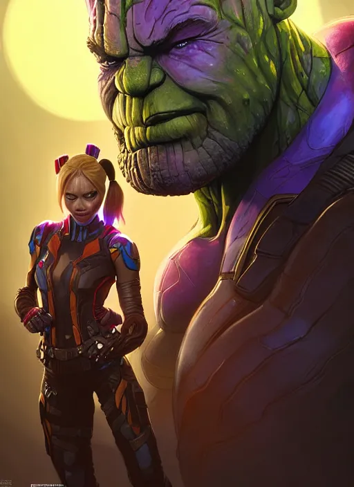 Image similar to portrait of apex legends groot, thanos, harley quinn, hulk, crew shot, intricate, elegant, glowing lights, highly detailed, digital painting, artstation, glamor pose, concept art, smooth, sharp focus, illustration, art by artgerm and greg rutkowski, artey freytag