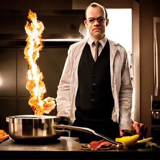 Image similar to a portrait of agent smith from the matrix making breakfast in the kitchen cooking an egg on a frying pan with bacon, dynamic lighting, studio lighting, 8k, award winning photo