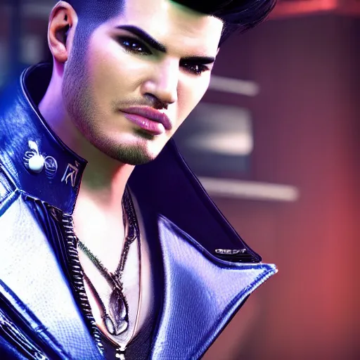 Image similar to a videogame still of Adam Lambert in Tekken 7, portrait, 40mm lens, shallow depth of field, close up, split lighting, cinematic