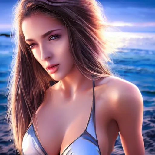 Image similar to a gorgeous female, photo, professionally retouched, soft moonlight lighting, shiny plastic bikini, realistic, smooth face, goddess, luscious lips, perfect eyes, wide angle, sharp focus on eyes, 8 k high definition, insanely detailed, intricate, elegant, art by artgerm and wlop