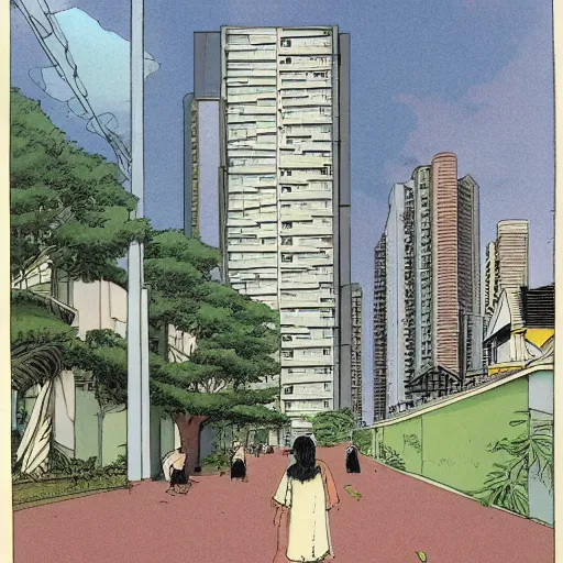 Image similar to walking through a housing estate in singapore, by moebius