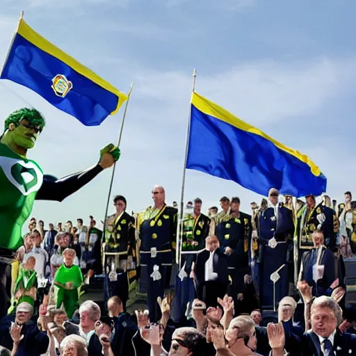 Prompt: king of sweden pledging his allegiance to the nato flag while hulk and the green lantern kneels beside him and the people are cheering down at the square