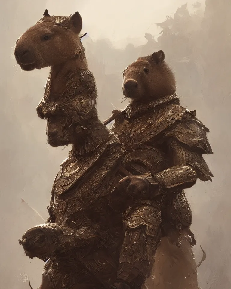 Prompt: portrait of a capybara warrior, elegant intricate armour, highly detailed, matte painting, artstation, 4 k, concept art, greg rutkowski